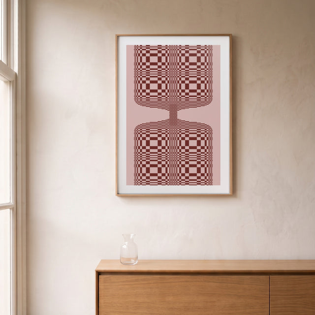 Trama B framed above an oak sideboard by a canal-view window – art print by Marcio Pontes