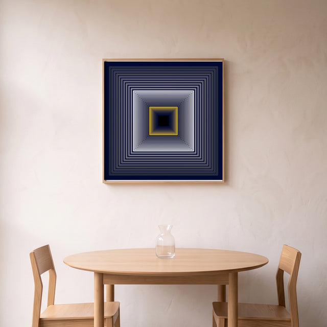 Underline Zoom Grey framed above a round oak dining table – art print by Marcio Pontes