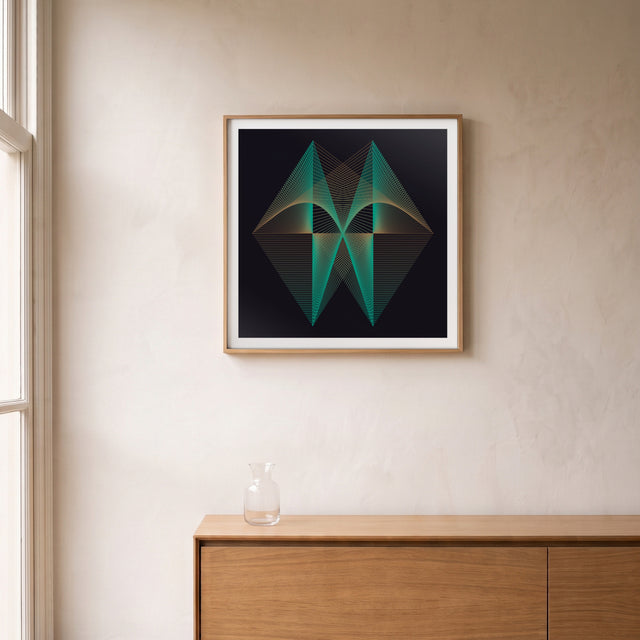 Underline Neon II framed above an oak sideboard by a canal-view window – art print by Marcio Pontes