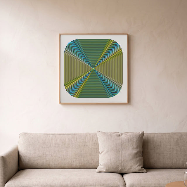 Underline Optical Y&Blue framed above a linen sofa – art print by Marcio Pontes