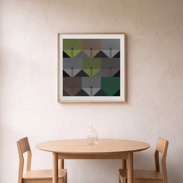 Volpi A framed above a round oak dining table – art print by Marcio Pontes