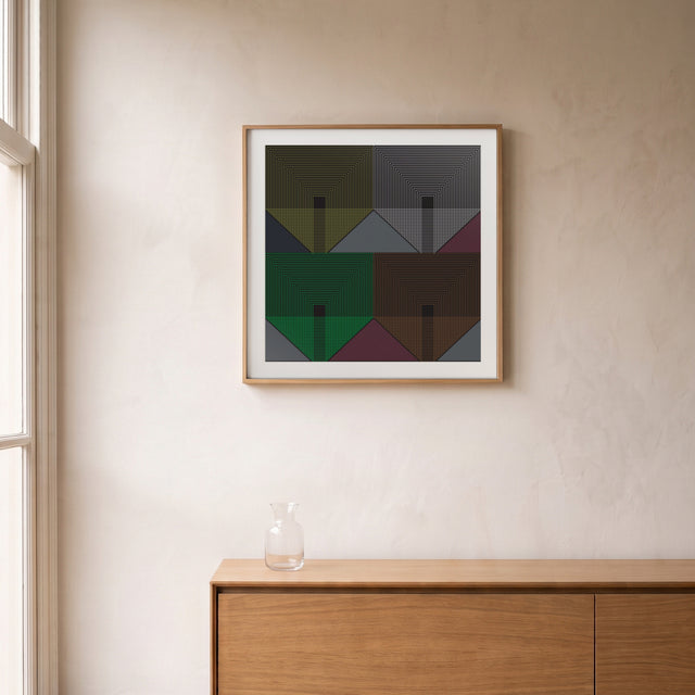 Volpi C framed above an oak sideboard by a canal-view window – art print by Marcio Pontes