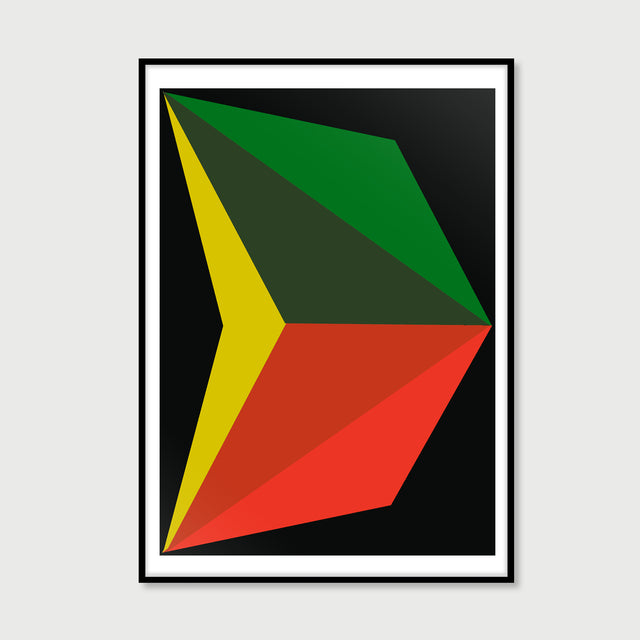 Handmade artwork designed with large graphics in dark green, citrus yellow, and red  on black background.
