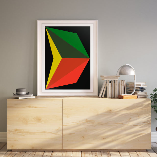 Wood cabinet with with frame of handmade artwork designed with large graphics in dark green, citrus yellow, and red 