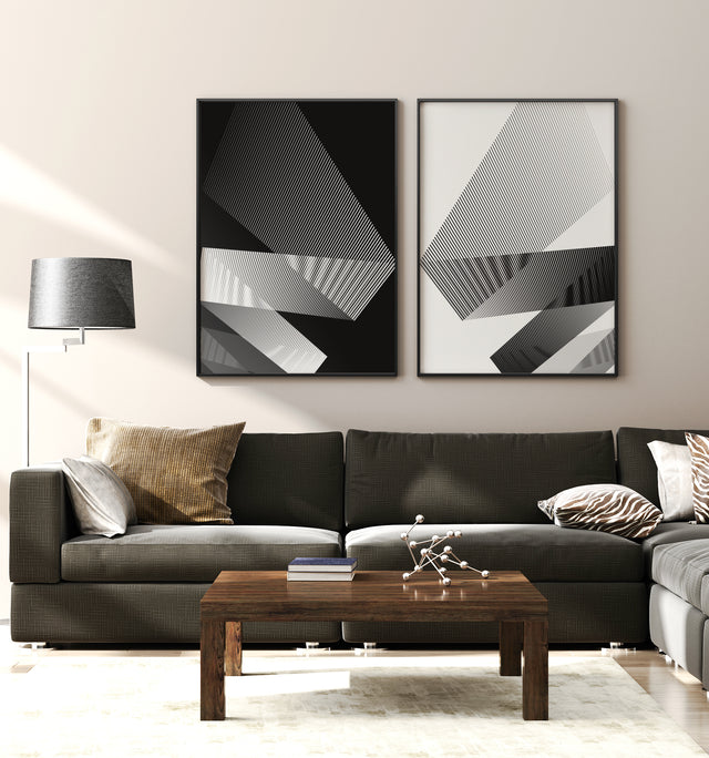 Living room with abstract and modern artwork designed with black and white lines moving and changing directions. Limited edition prints and posters designed and handcrafted in Amsterdam.