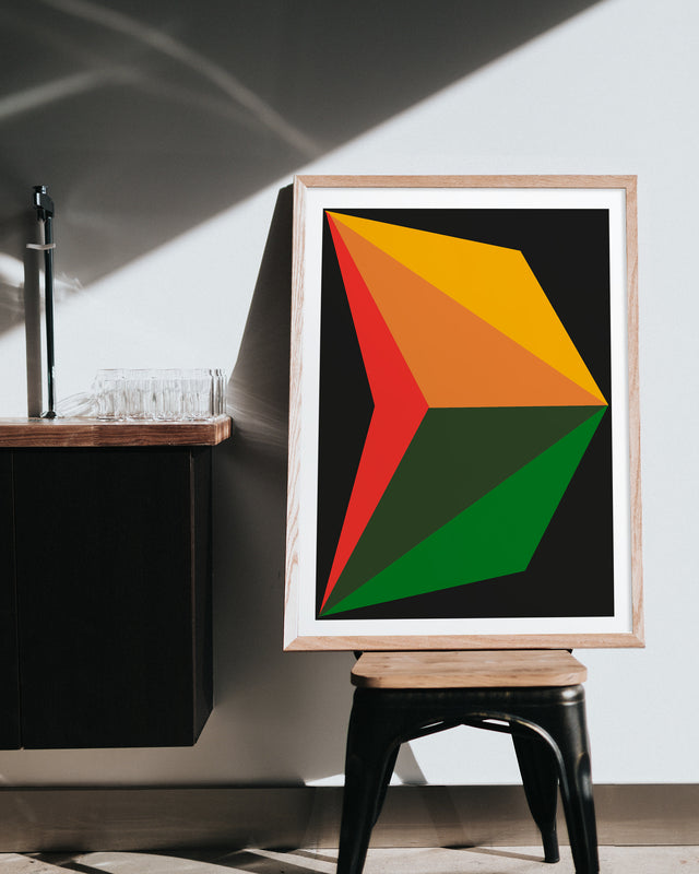 Colourful handmade artwork designed with large graphics in dark green, yellow, and red overlapping each other creating a surprising new color mix that brings an illusion of volume, structure, and space. The background is printed with a deep black.