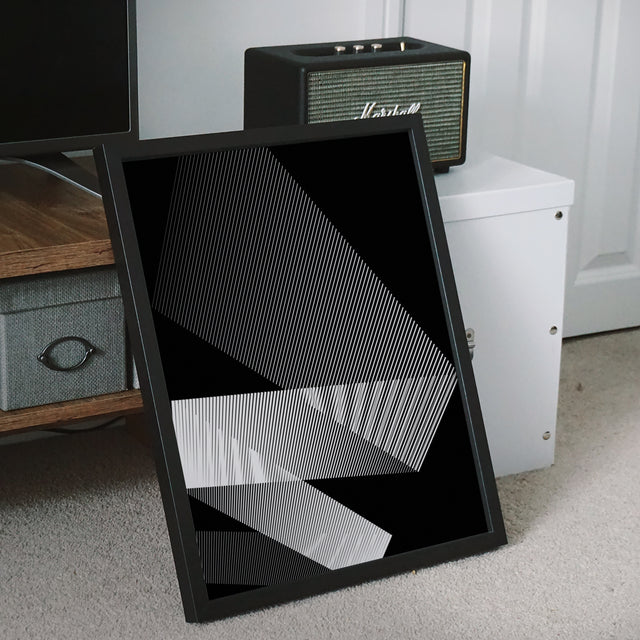 Abstract and modern limited edition print designed with white lines moving and changing directions across a black background. Limited edition prints and posters designed and handcrafted in Amsterdam.