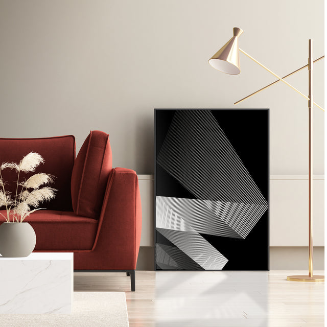Black abstract and modern artwork designed with white lines and framed in black wood frame. Limited edition prints and posters designed and handcrafted in Amsterdam.