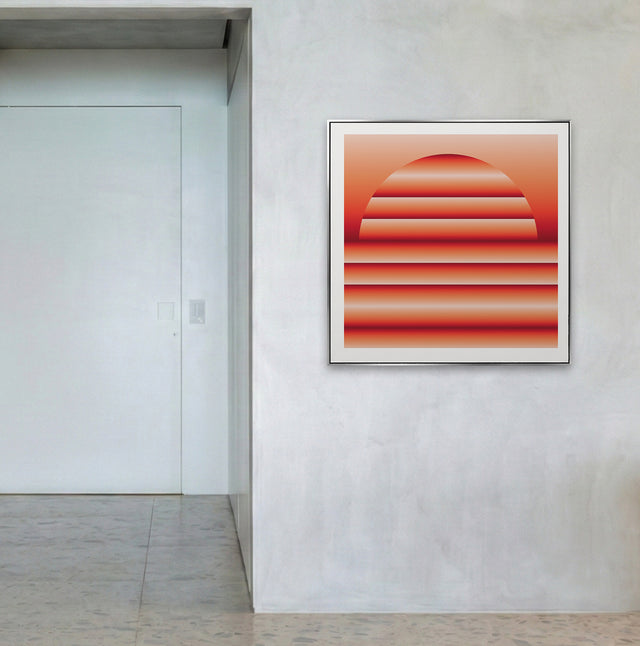 Retrocosmos Sunset 1 framed on a pale concrete wall – red and orange art print by Marcio Pontes