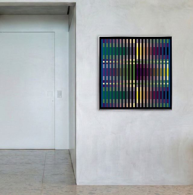 Underline Purple 1 framed on a concrete wall beside a doorway – multicolour line art print by Marcio Pontes