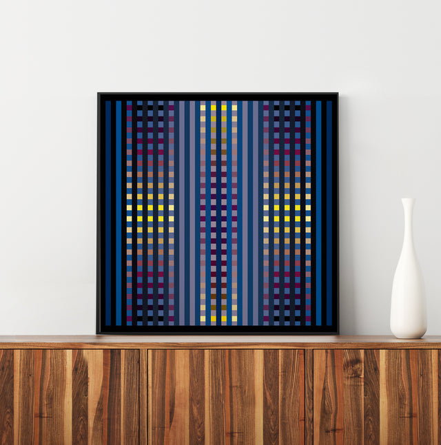 Underline Purple 2 framed and leaning on a walnut sideboard beside a white vase – blue and yellow line art print by Marcio Pontes