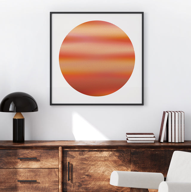 Underline Red Planet framed above a wooden sideboard with a black lamp – red and orange line art print by Marcio Pontes
