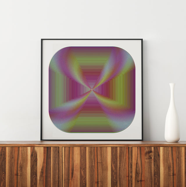 Underline Optical Y&Magenta framed and leaning on a walnut sideboard – yellow and magenta line art print by Marcio Pontes