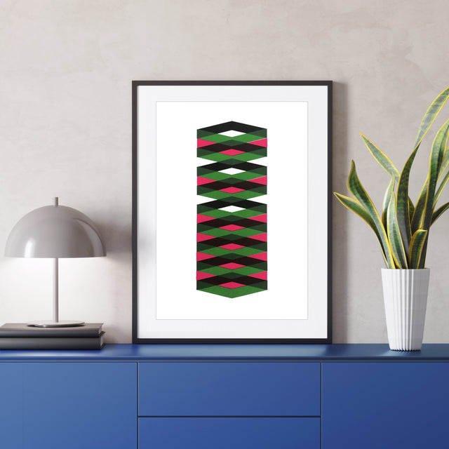 Spring Magenta – magenta and green cube screen print by Marcio Pontes, displayed on a wall