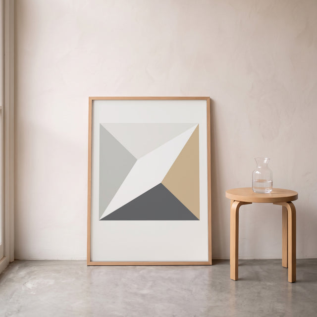 Cube Hidden 1 framed leaning against the wall on a concrete floor – art print by Marcio Pontes