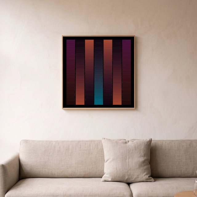 Fineline Colors I framed above a linen sofa – art print by Marcio Pontes