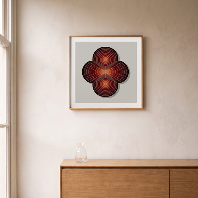 Layers Red II framed above an oak sideboard by a canal-view window – art print by Marcio Pontes