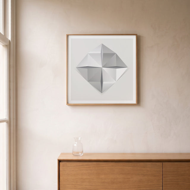 Folded White framed above an oak sideboard by a canal-view window – art print by Marcio Pontes