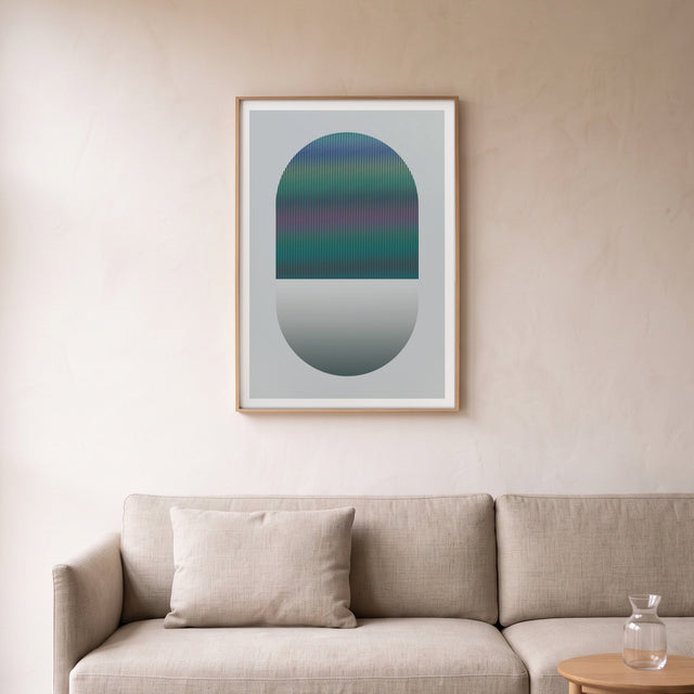 Geo Lines A framed above a linen sofa – art print by Marcio Pontes