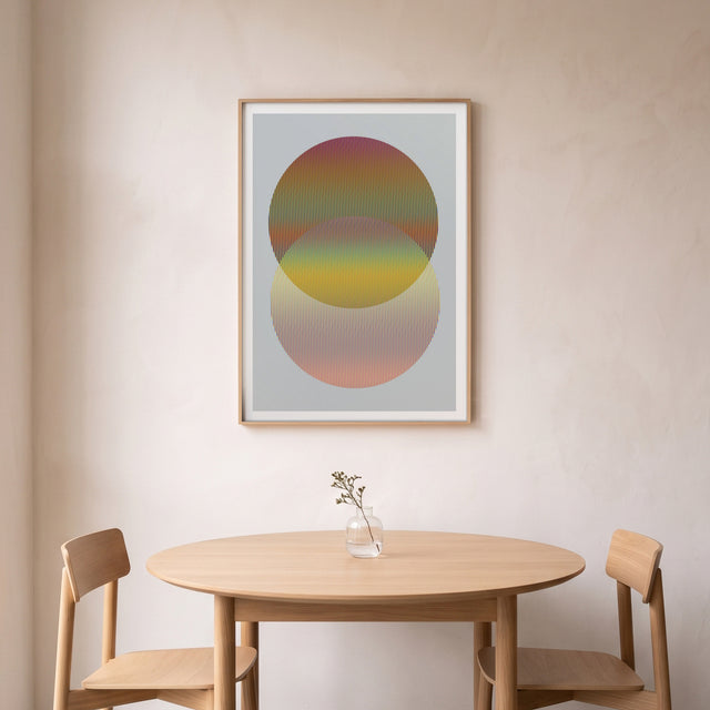 Geo Lines B framed above a round oak dining table – art print by Marcio Pontes