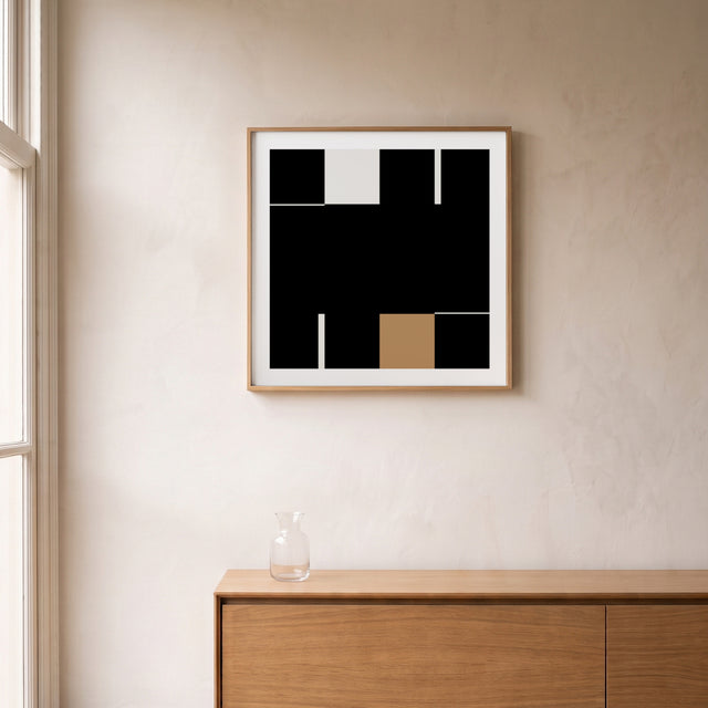 Cube Grid Black framed above an oak sideboard by a canal-view window – art print by Marcio Pontes