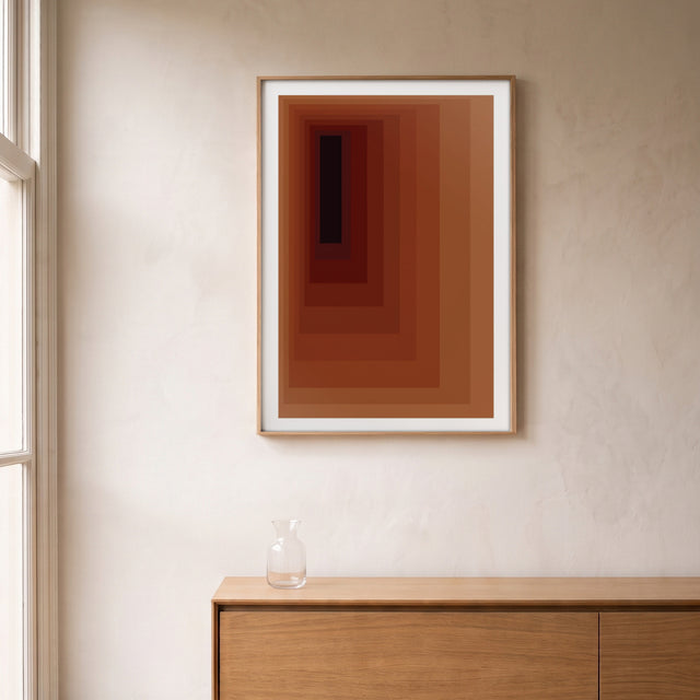 Minimal Red framed above an oak sideboard by a canal-view window – art print by Marcio Pontes