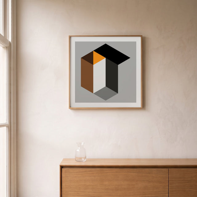 Hexa Orange framed above an oak sideboard by a canal-view window – art print by Marcio Pontes
