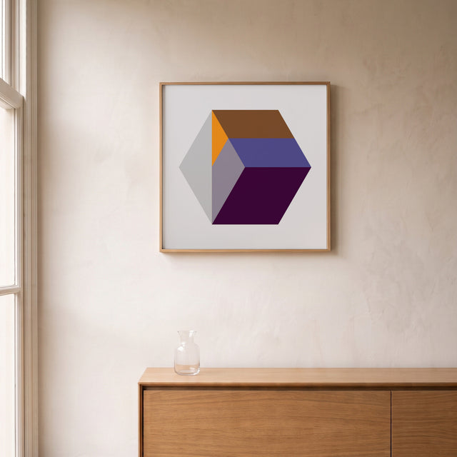 Hexa Purple framed above an oak sideboard by a canal-view window – art print by Marcio Pontes