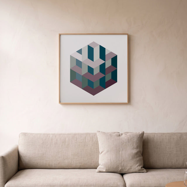 Hexa 15 framed above a linen sofa – art print by Marcio Pontes