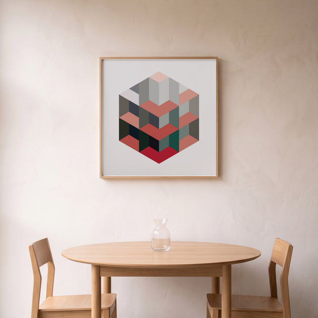 Hexa 16 framed above a round oak dining table – art print by Marcio Pontes