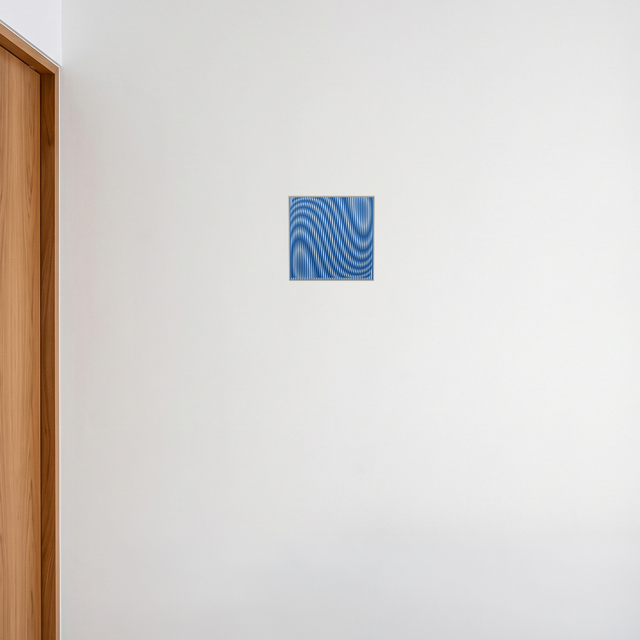 Op Blue Waves on a living room wall – blue optical acrylic artwork by Marcio Pontes