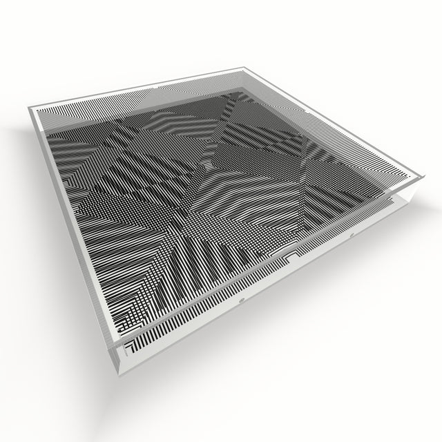 Op Cross Line lying flat, seen from above – black and white geometric optical acrylic artwork by Marcio Pontes