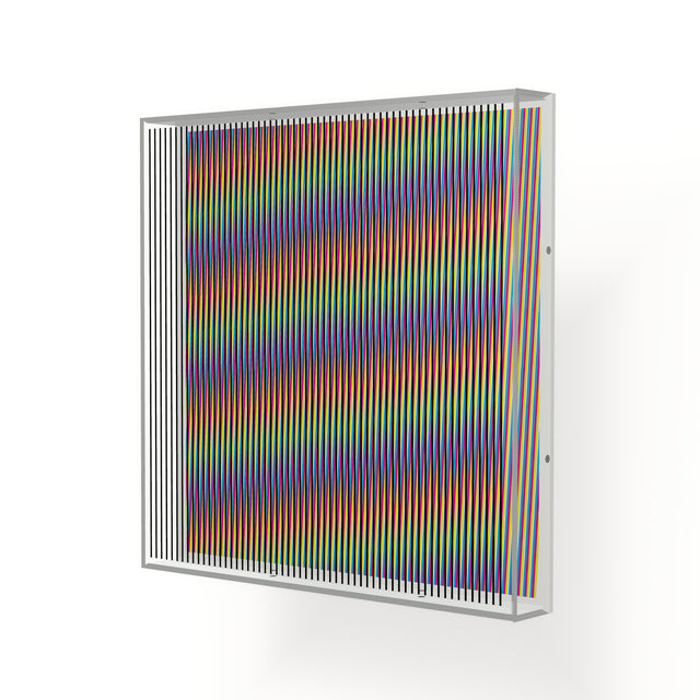 Side view of Op Line, a rainbow geometric optical acrylic artwork by Marcio Pontes
