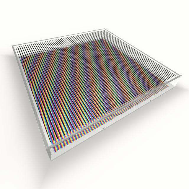 Op Line lying flat, seen from above – rainbow geometric optical acrylic artwork by Marcio Pontes