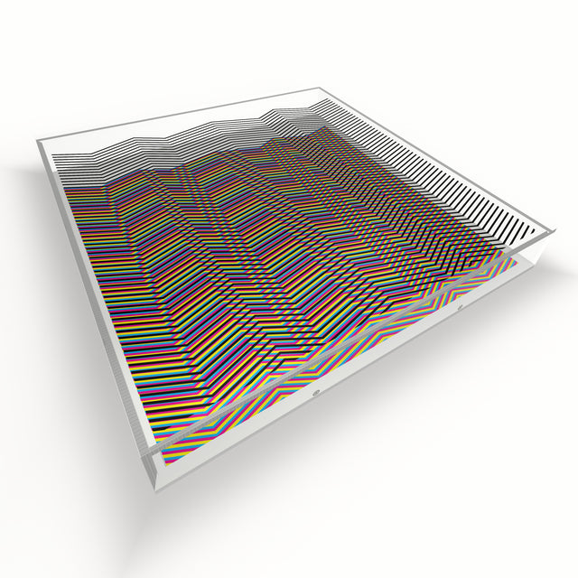 Op Mountain Lines lying flat, seen from above – rainbow geometric optical acrylic artwork by Marcio Pontes