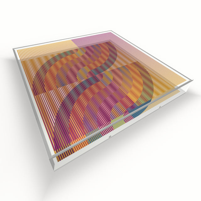 Op Rainbow lying flat, seen from above – rainbow geometric optical acrylic artwork by Marcio Pontes
