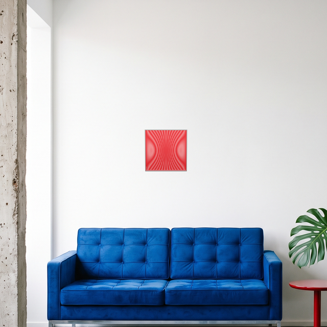 Op Red Channel on a living room wall – red optical acrylic artwork by Marcio Pontes