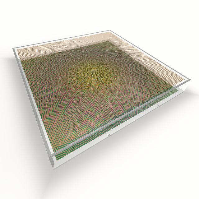 Op Sunny Lines lying flat, seen from above – yellow, green and pink geometric optical acrylic artwork by Marcio Pontes