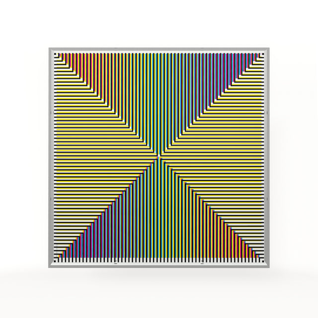 Op X Color Line – yellow and rainbow geometric optical acrylic artwork by Marcio Pontes