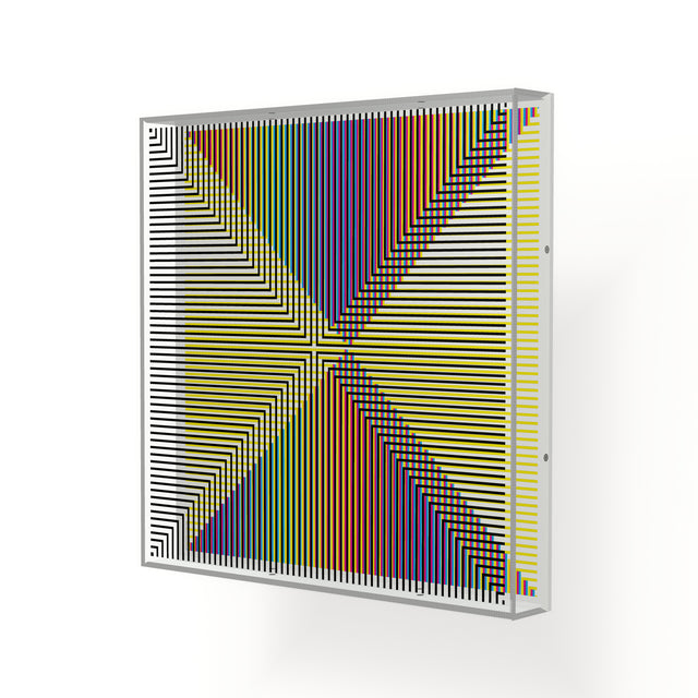 Side view of Op X Color Line, a yellow and rainbow geometric optical acrylic artwork by Marcio Pontes
