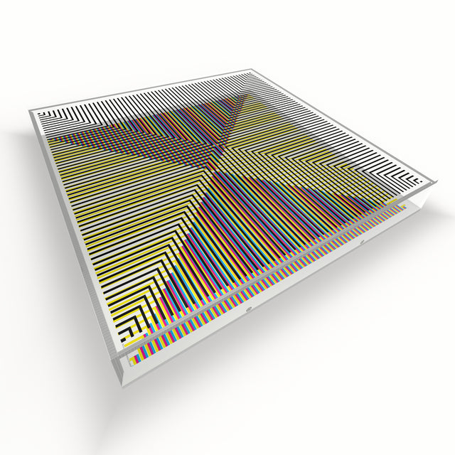 Op X Color Line lying flat, seen from above – yellow and rainbow geometric optical acrylic artwork by Marcio Pontes
