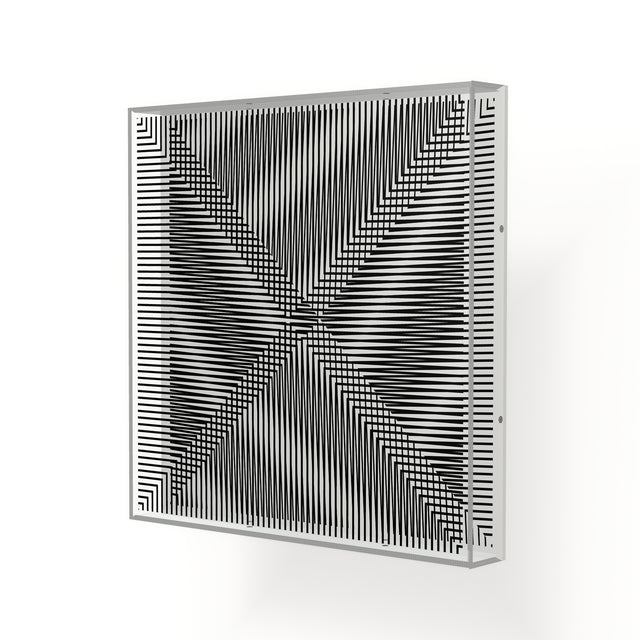 Side view of Op X Line, a black and white geometric optical acrylic artwork by Marcio Pontes