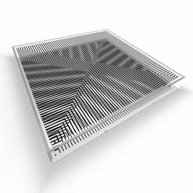 Op X Line lying flat, seen from above – black and white geometric optical acrylic artwork by Marcio Pontes
