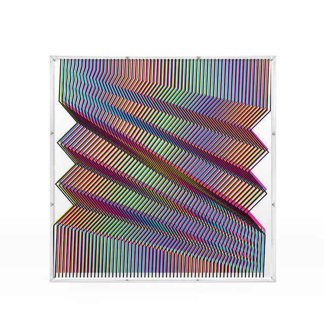 Op Zig Line – rainbow and white geometric optical acrylic artwork by Marcio Pontes