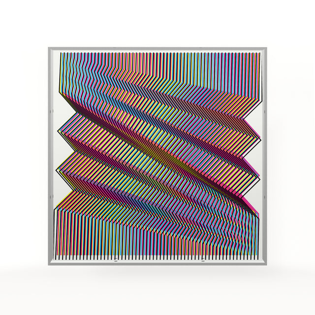 Op Zig Line – rainbow and white geometric optical acrylic artwork by Marcio Pontes