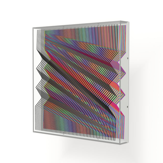 Side view of Op Zig Line, a rainbow and white geometric optical acrylic artwork by Marcio Pontes