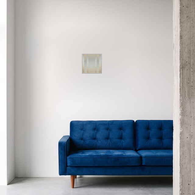 Op Zig Zag Lights on a living room wall – silver and blue optical acrylic artwork by Marcio Pontes