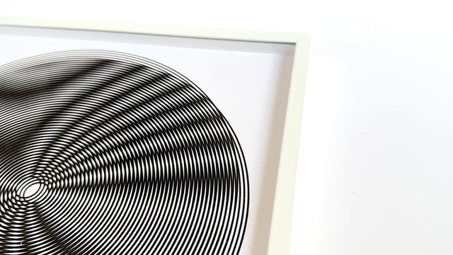black and white handmade artwork, handmade screen printing, 30x30cm in aluminium frame, optical movement.