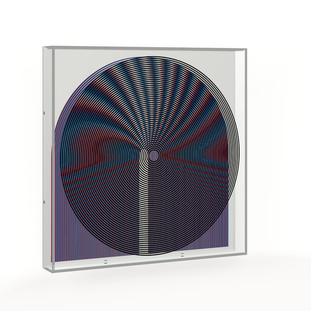 Op Circle – video of the black, blue and red optical acrylic artwork by Marcio Pontes, the pattern shifting as the view moves