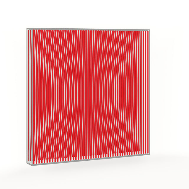 Op Red Channel – video of the red optical acrylic artwork by Marcio Pontes, the pattern shifting as the view moves